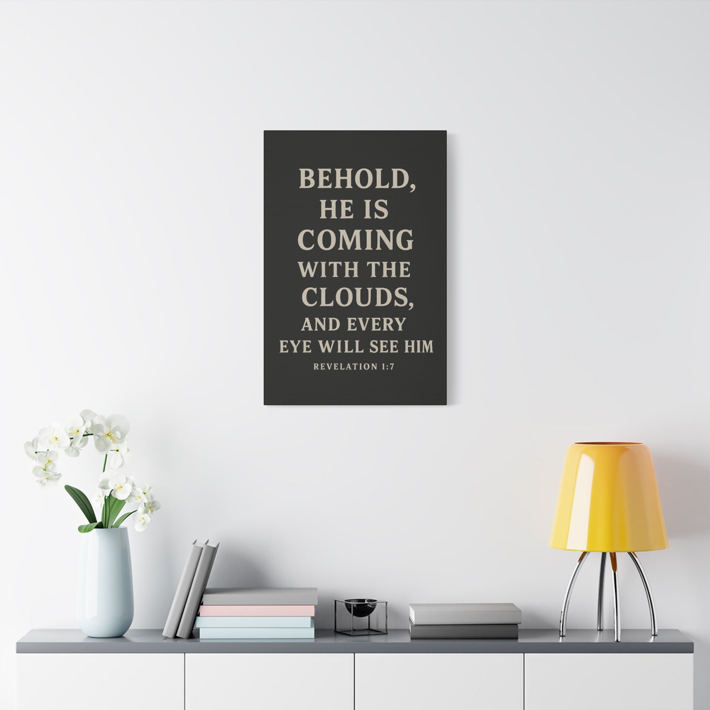 Behold He Is Coming With The Clouds and Every Eye Will See Him Book of Revelations Quote Inspirational Wall Art Canvas Religious Home Decor
