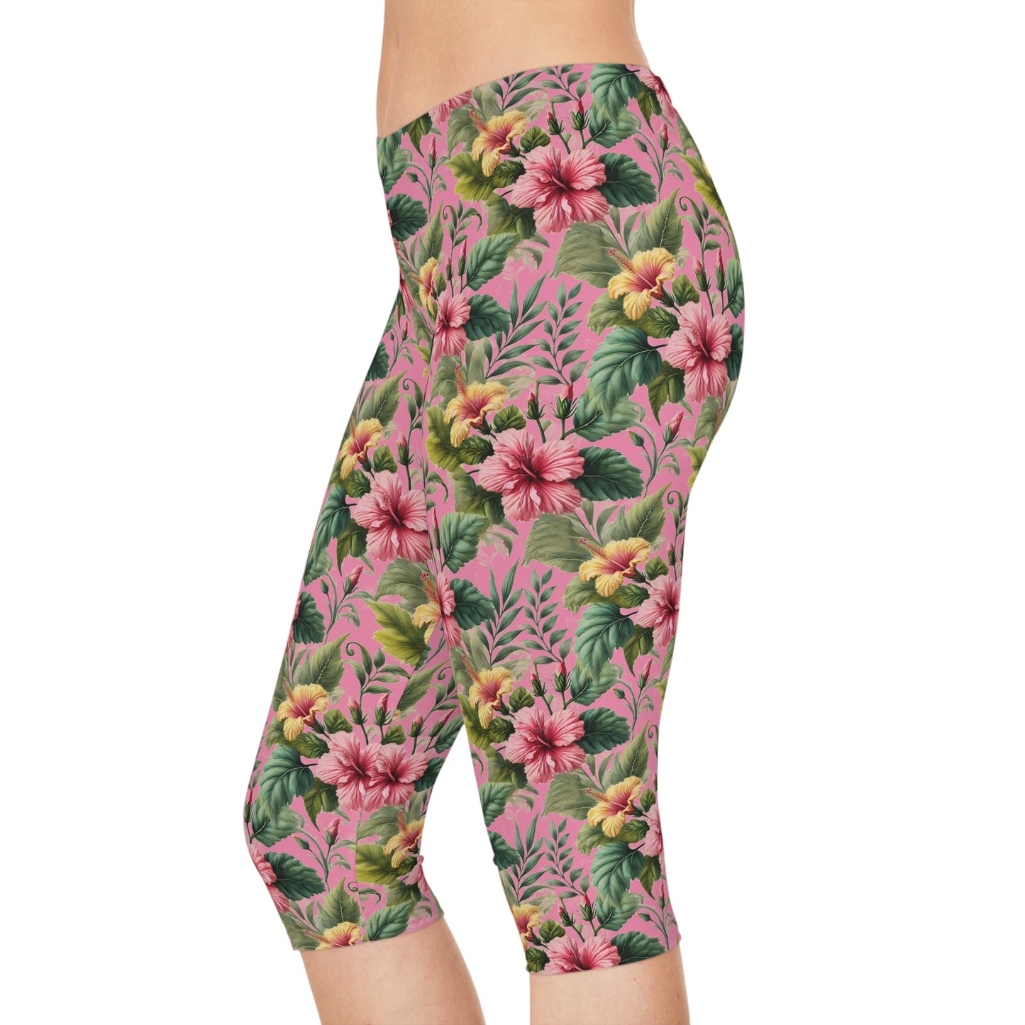 Summer Hibiscus Vibes Pink Tropical Floral Summer Women Capri Pants for Garden Parties by Kissa Doody
