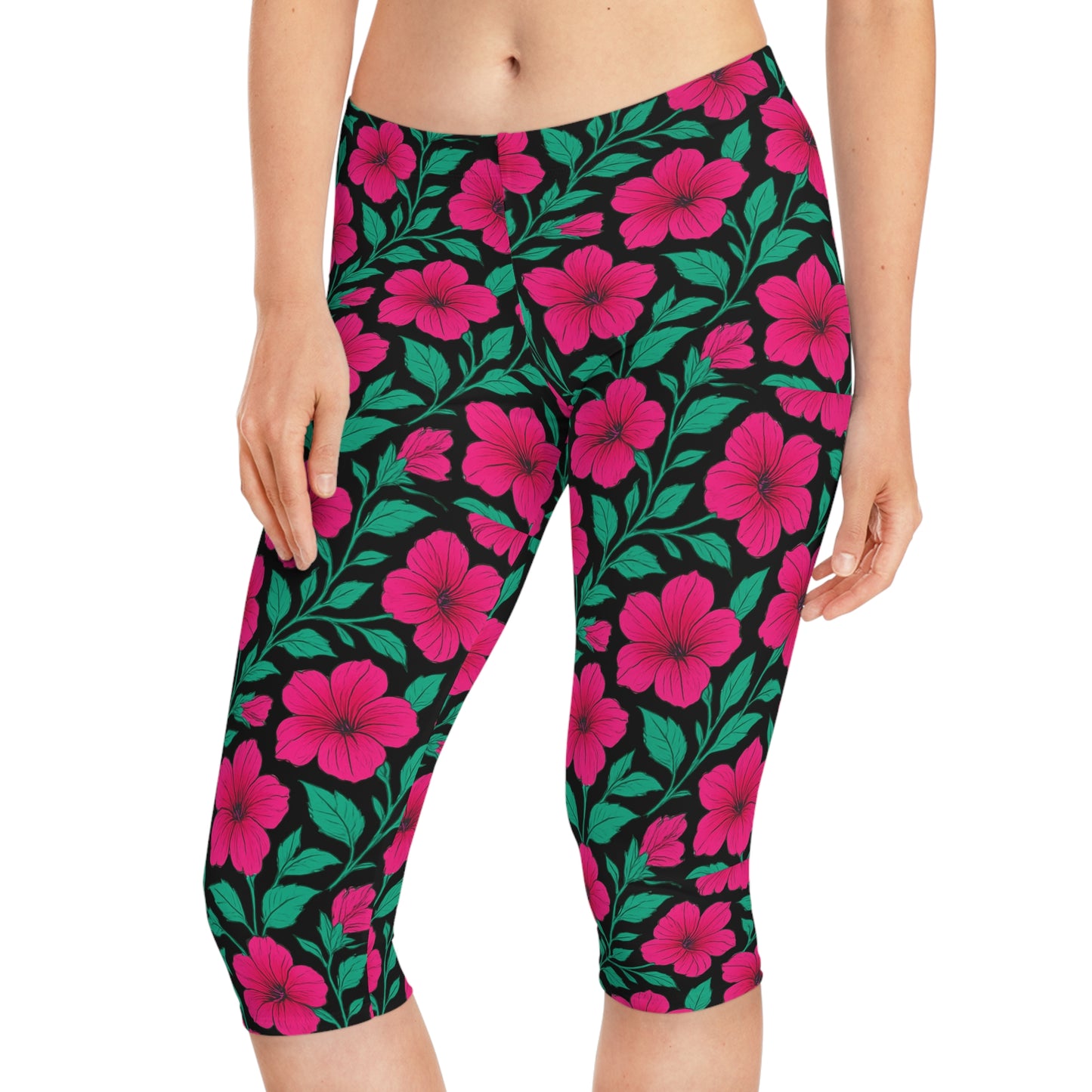 Petunia Madness Black & Pink Tropical Floral Spring Summer Women Capri Pants for Garden Parties Spring Trends by Kissa Doody