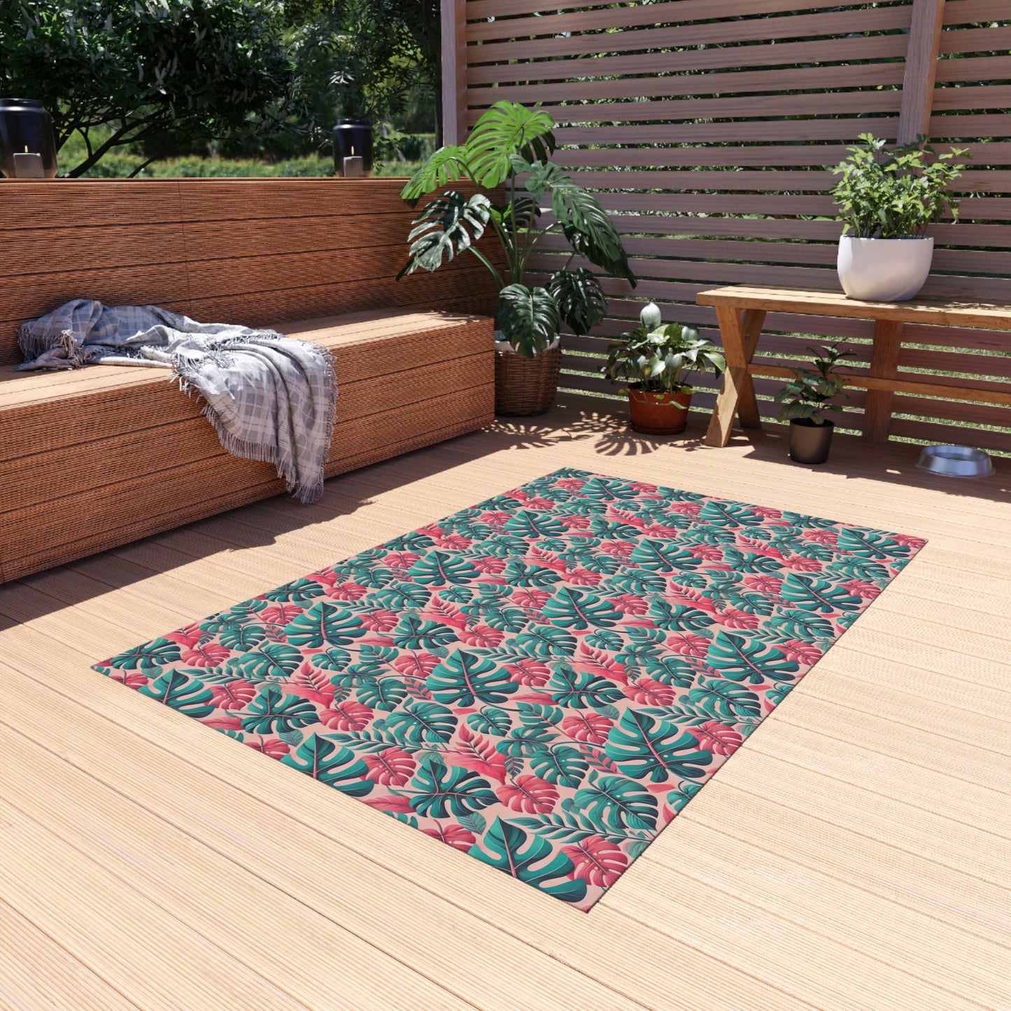 Don't Worry Be Happy Tropical Leaf Print Indoor Outdoor Rug Pink Patio Deck Decor Bedroom Custom Mat Home Decor Exclusively by Kissa Doody