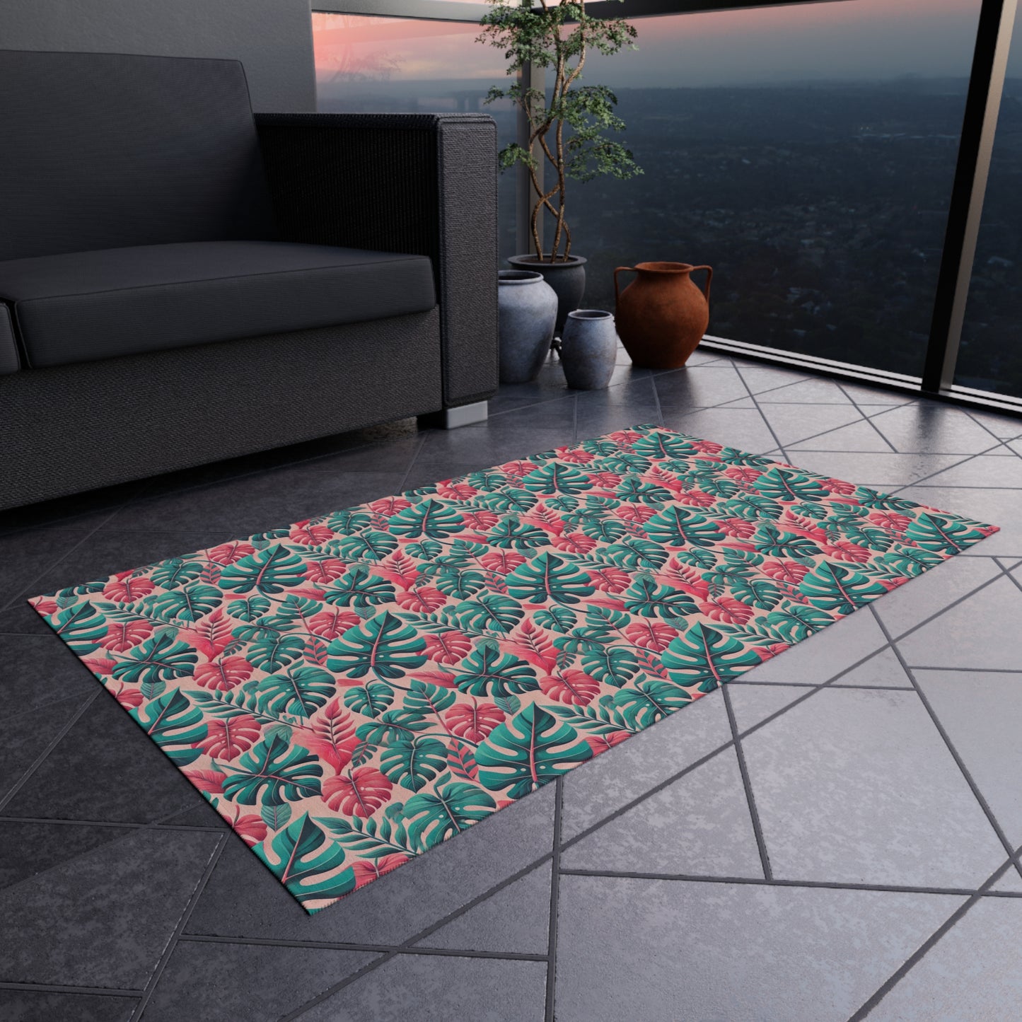 Don't Worry Be Happy Tropical Leaf Print Indoor Outdoor Rug Pink Patio Deck Decor Bedroom Custom Mat Home Decor Exclusively by Kissa Doody