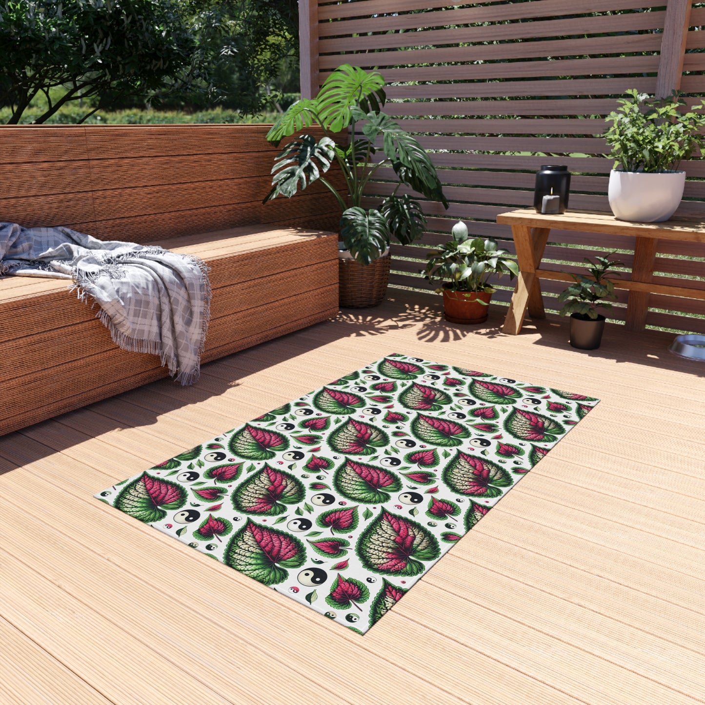 Ying Yang Vibes Leaf Print Porch Tropical Print Indoor Outdoor Rug Green Pink Patio Deck Bedroom Home Decor by Kissa Doody