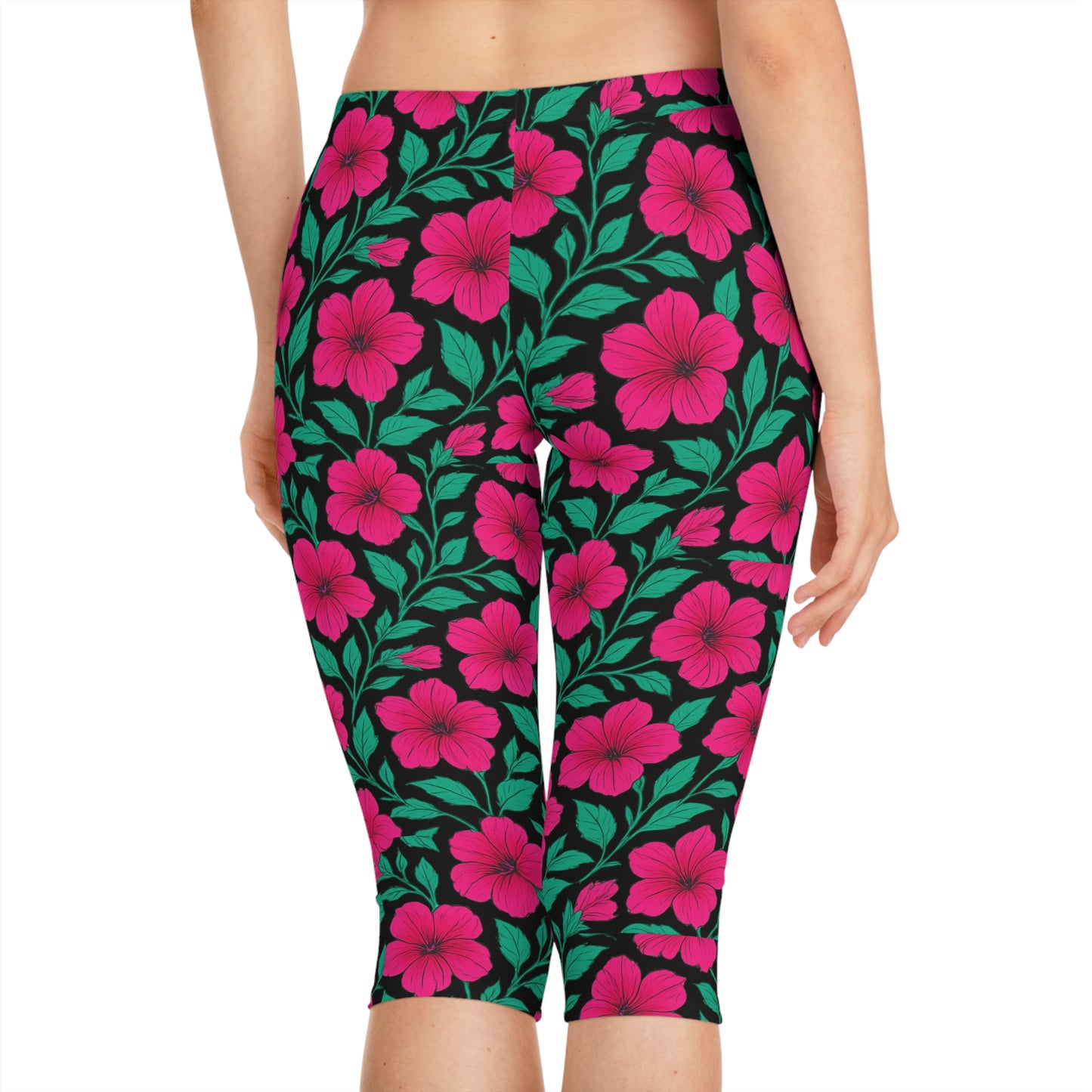 Petunia Madness Black & Pink Tropical Floral Spring Summer Women Capri Pants for Garden Parties Spring Trends by Kissa Doody