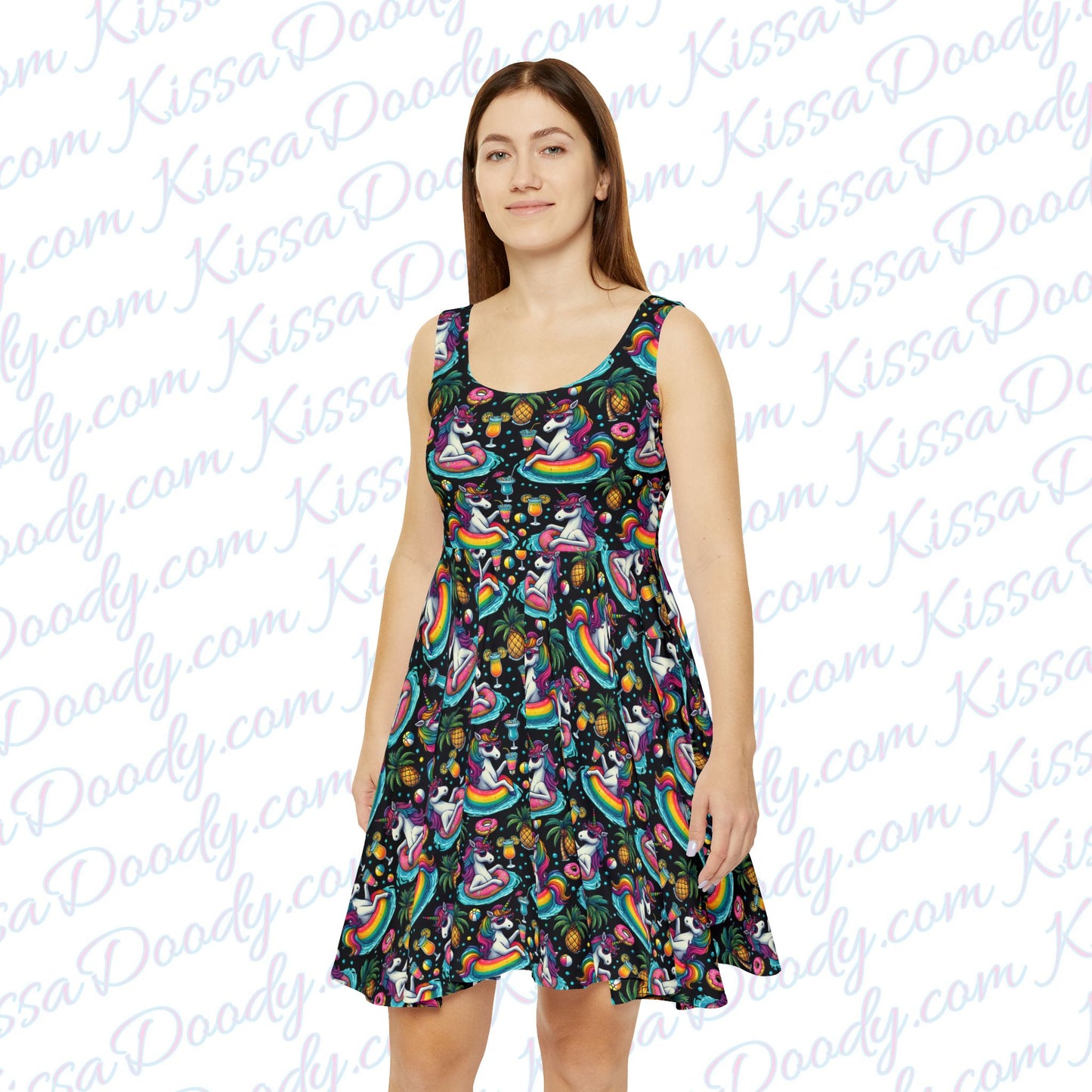 Unicorn Cheers From Rainbow Land Drinking Pool Party Spring Print Black Women's Teens Fun Summer Dress Exclusively by Kissa Doody
