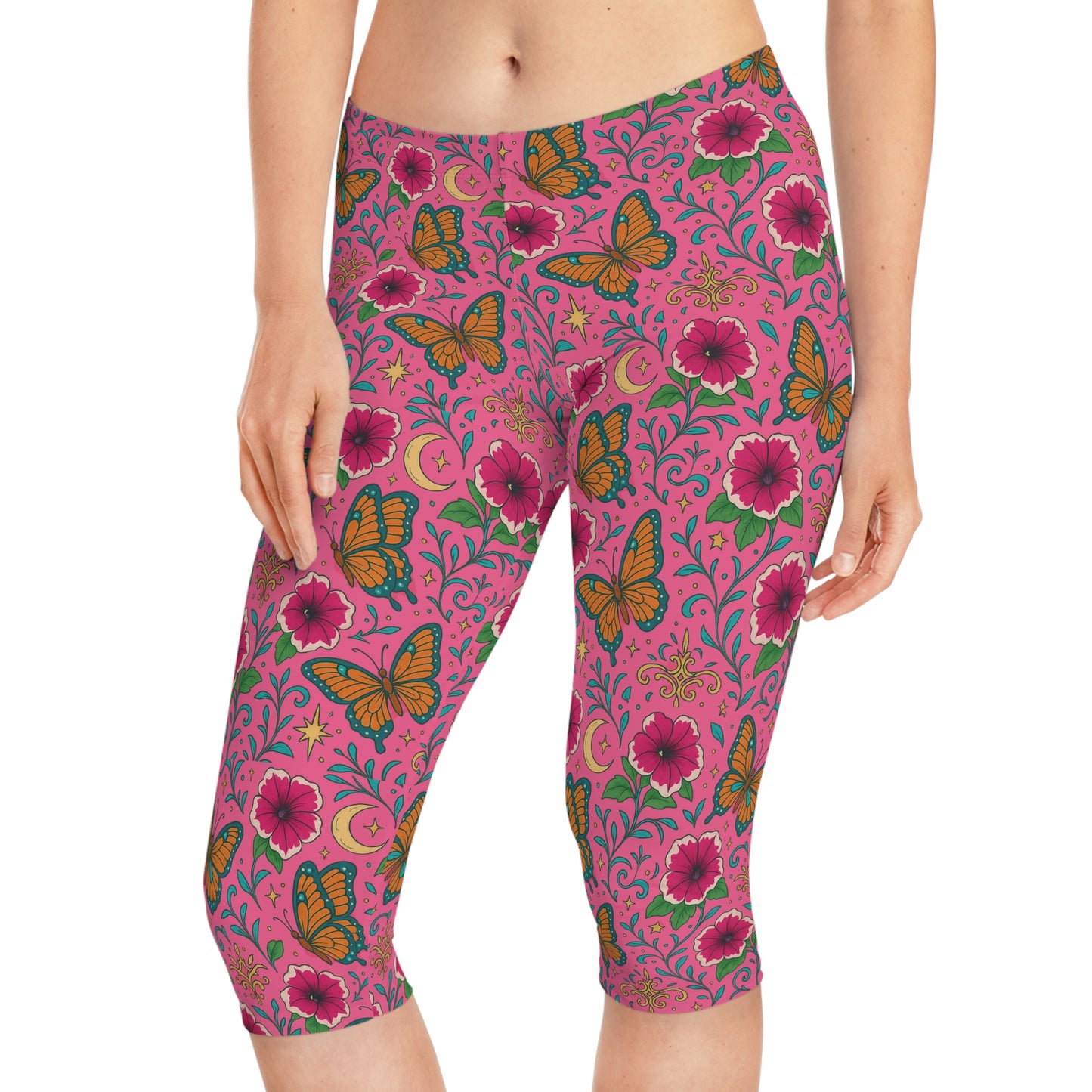 Butterflies Lunch Pink Tropical Floral Summer Women Capri Pants for Garden Parties Spring Trends by Kissa Doody