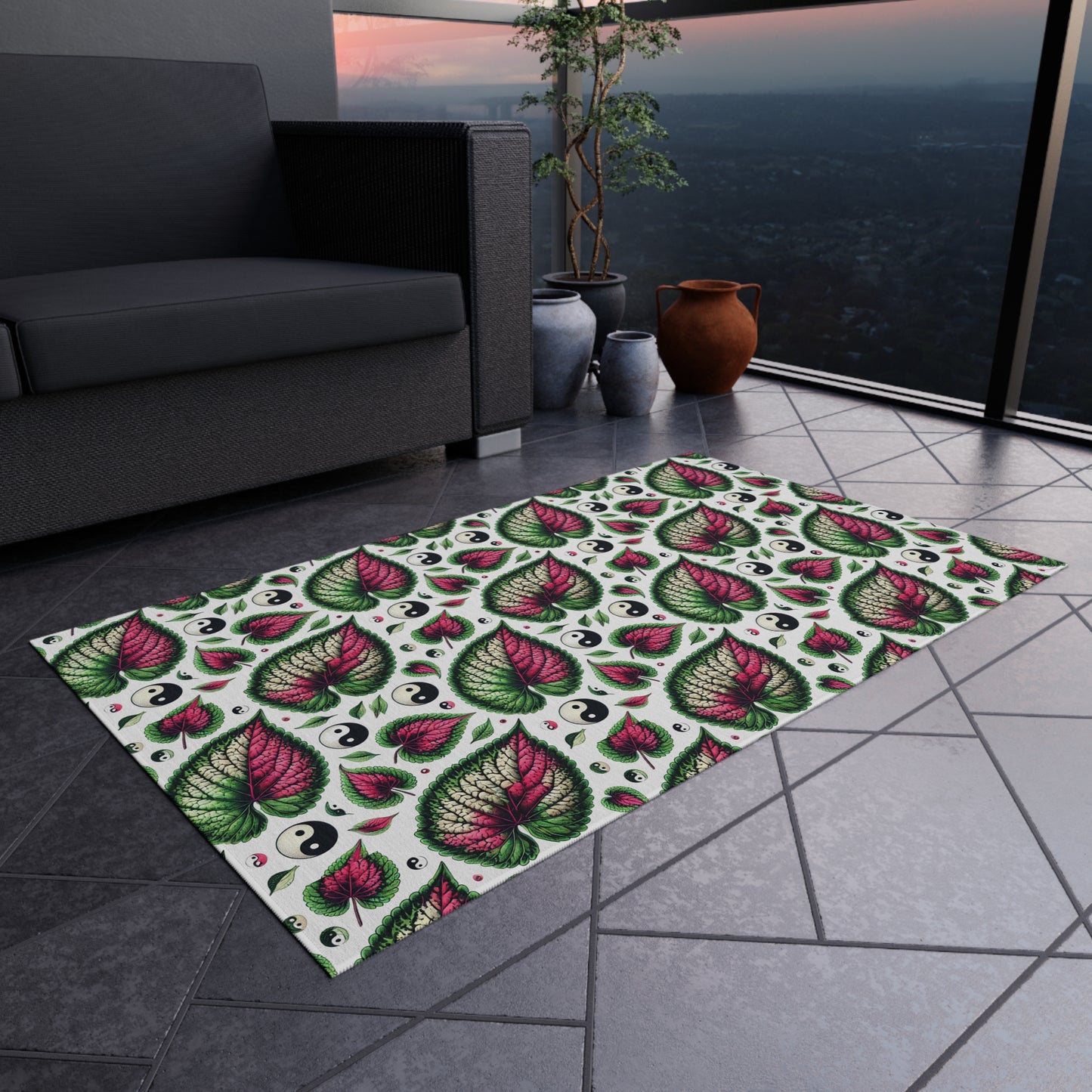 Ying Yang Vibes Leaf Print Porch Tropical Print Indoor Outdoor Rug Green Pink Patio Deck Bedroom Home Decor by Kissa Doody