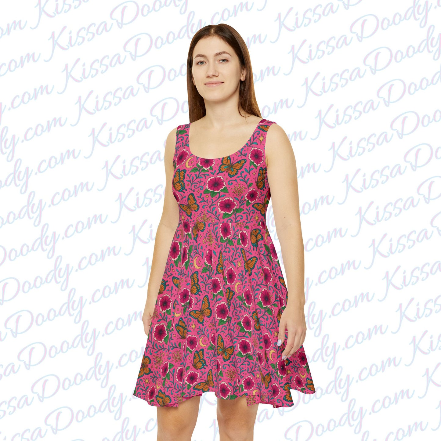 Butterflies Lunch Pink Floral Garden Tropical Butterfly Print Dress Women's Vacation Cruise Relaxing Clothing Exclusive by Kissa Doody