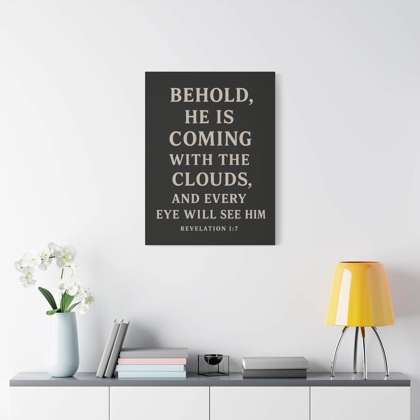 Behold He Is Coming With The Clouds and Every Eye Will See Him Book of Revelations Quote Inspirational Wall Art Canvas Religious Home Decor