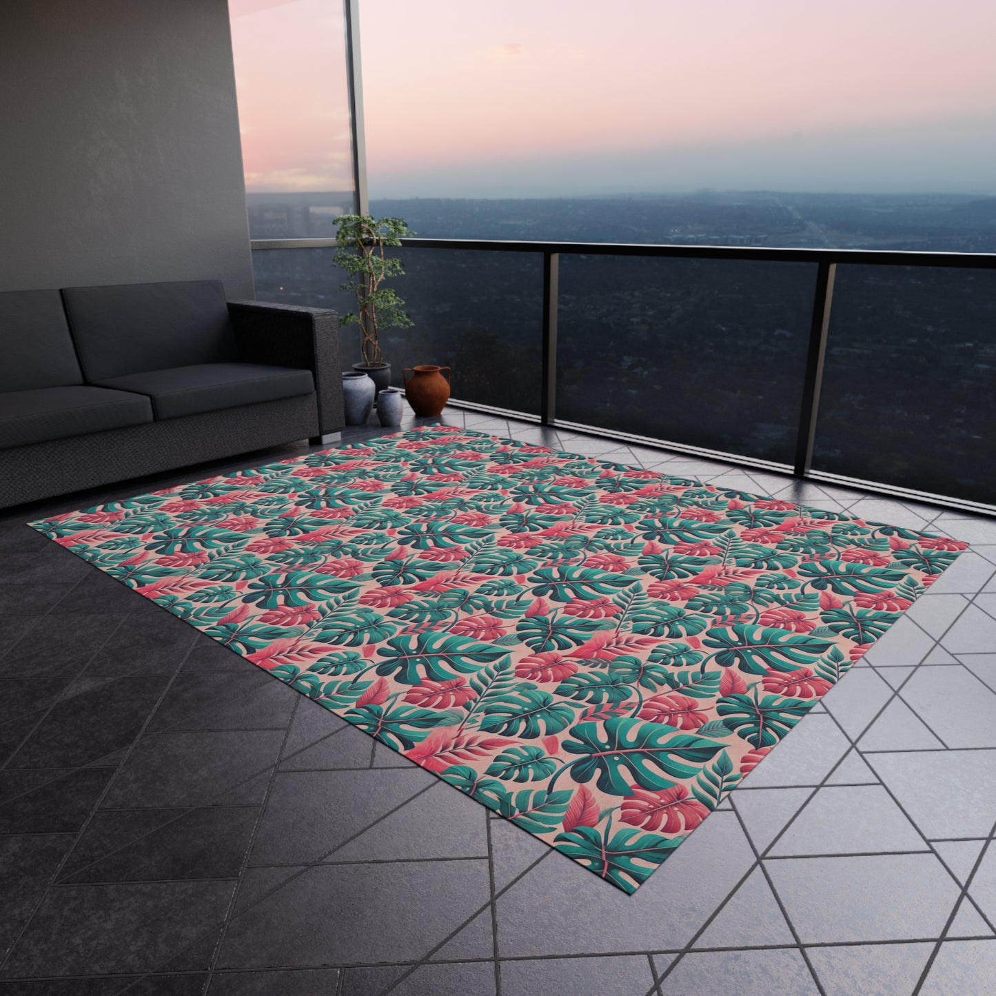 Don't Worry Be Happy Tropical Leaf Print Indoor Outdoor Rug Pink Patio Deck Decor Bedroom Custom Mat Home Decor Exclusively by Kissa Doody
