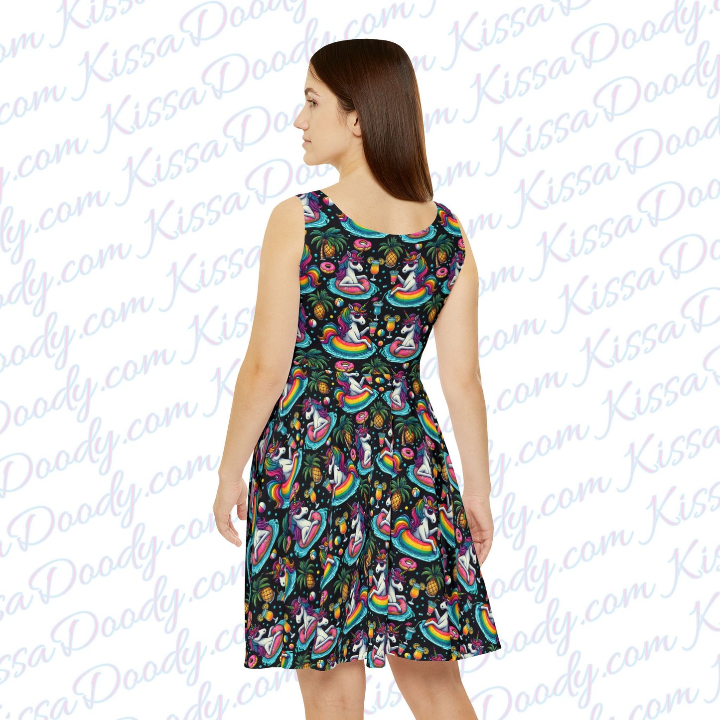 Unicorn Cheers From Rainbow Land Drinking Pool Party Spring Print Black Women's Teens Fun Summer Dress Exclusively by Kissa Doody