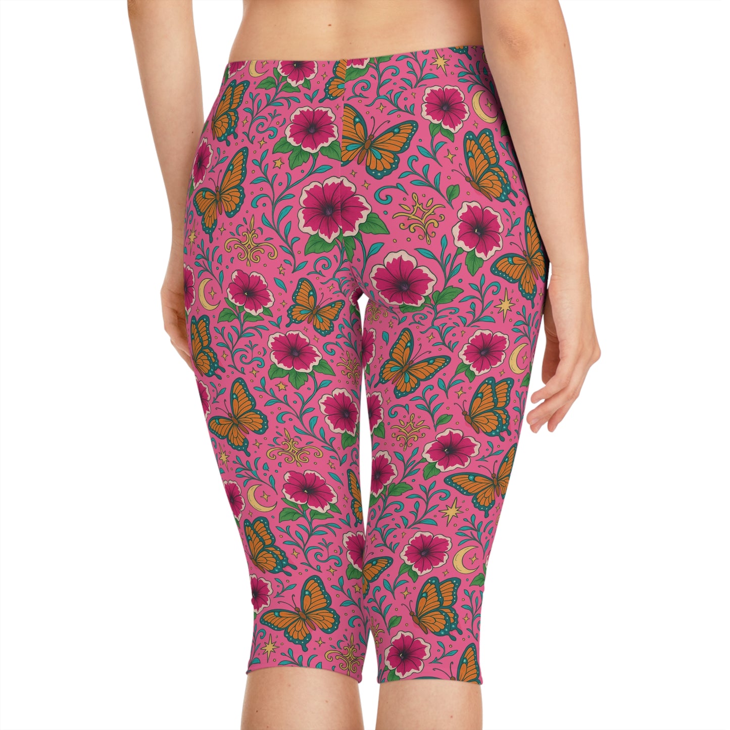 Butterflies Lunch Pink Tropical Floral Summer Women Capri Pants for Garden Parties Spring Trends by Kissa Doody