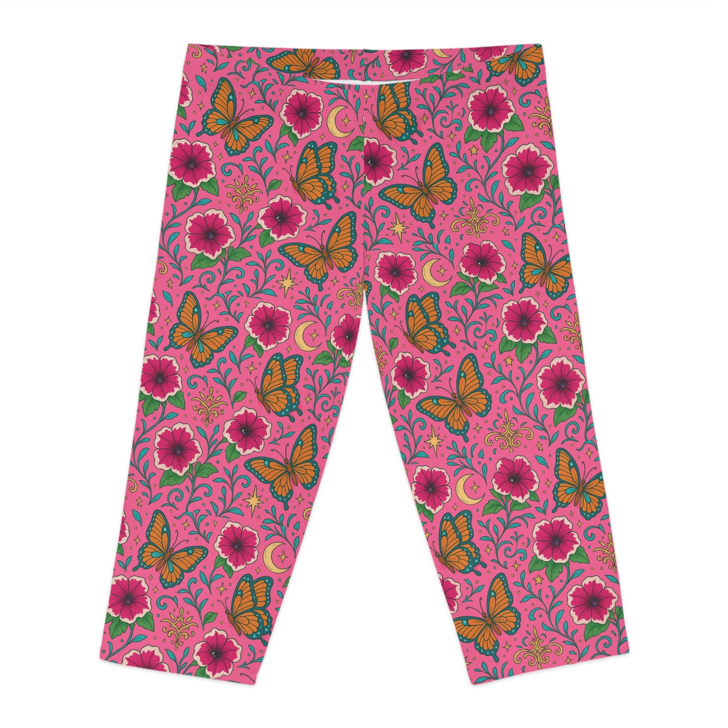 Butterflies Lunch Pink Tropical Floral Summer Women Capri Pants for Garden Parties Spring Trends by Kissa Doody