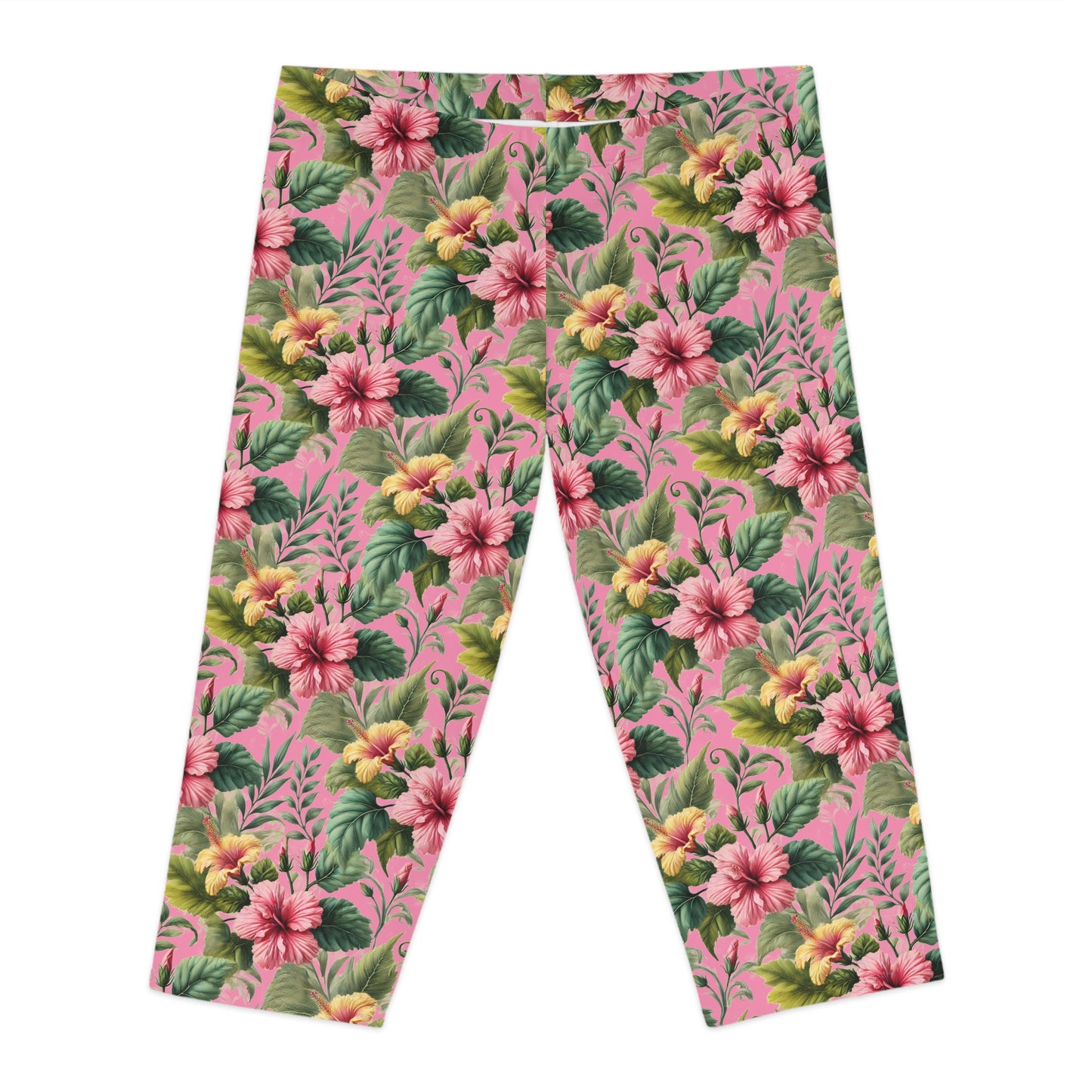 Summer Hibiscus Vibes Pink Tropical Floral Summer Women Capri Pants for Garden Parties by Kissa Doody