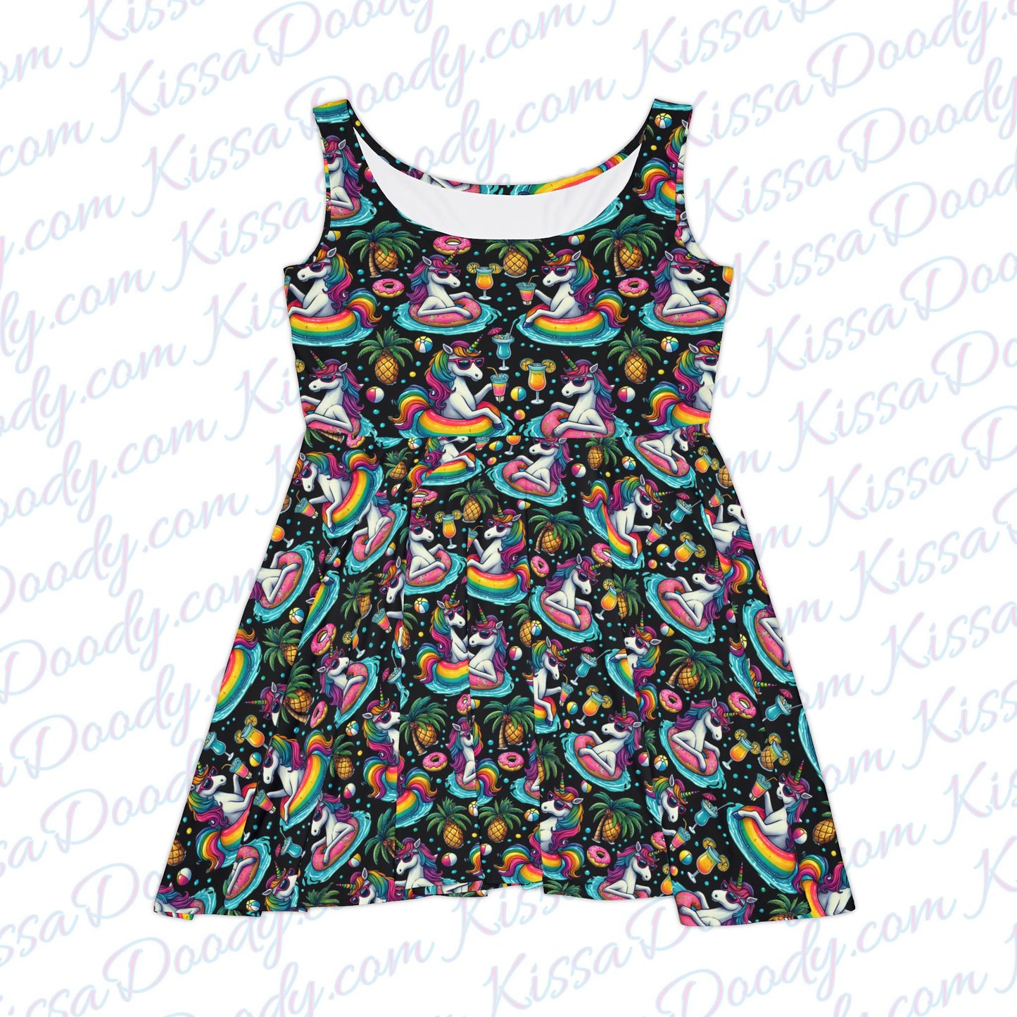Unicorn Cheers From Rainbow Land Drinking Pool Party Spring Print Black Women's Teens Fun Summer Dress Exclusively by Kissa Doody