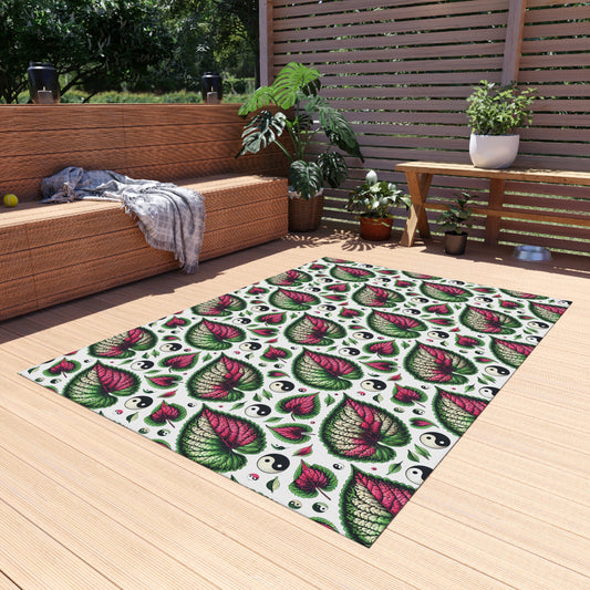 Ying Yang Vibes Leaf Print Porch Tropical Print Indoor Outdoor Rug Green Pink Patio Deck Bedroom Home Decor  by Kissa Doody