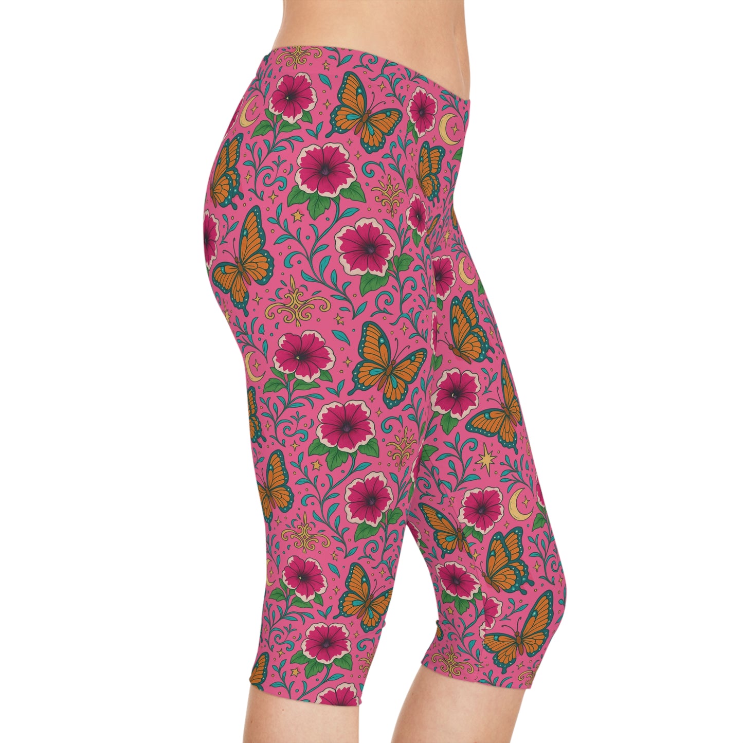 Butterflies Lunch Pink Tropical Floral Summer Women Capri Pants for Garden Parties Spring Trends by Kissa Doody