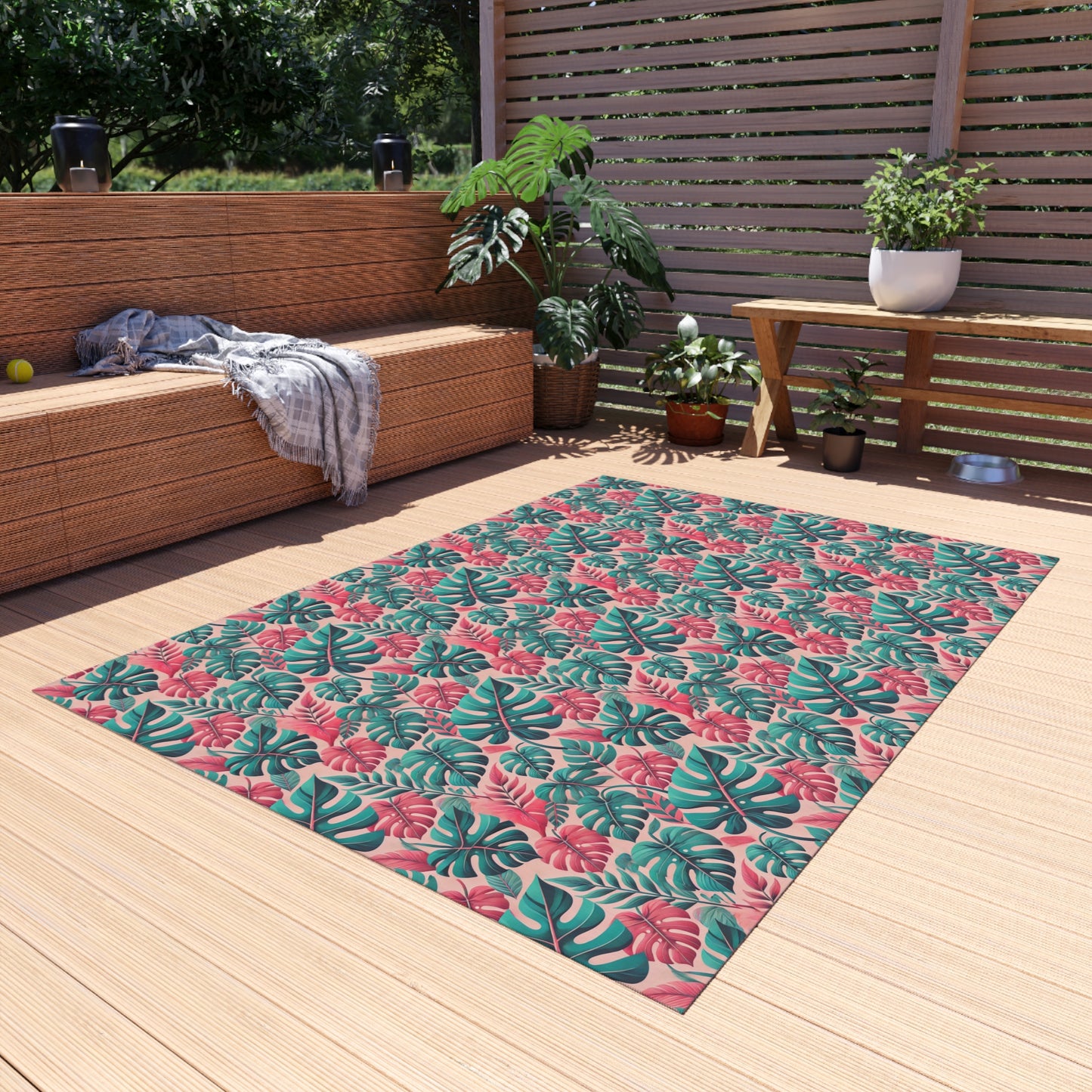 Don't Worry Be Happy Tropical Leaf Print Indoor Outdoor Rug Pink Patio Deck Decor Bedroom Custom Mat Home Decor Exclusively by Kissa Doody