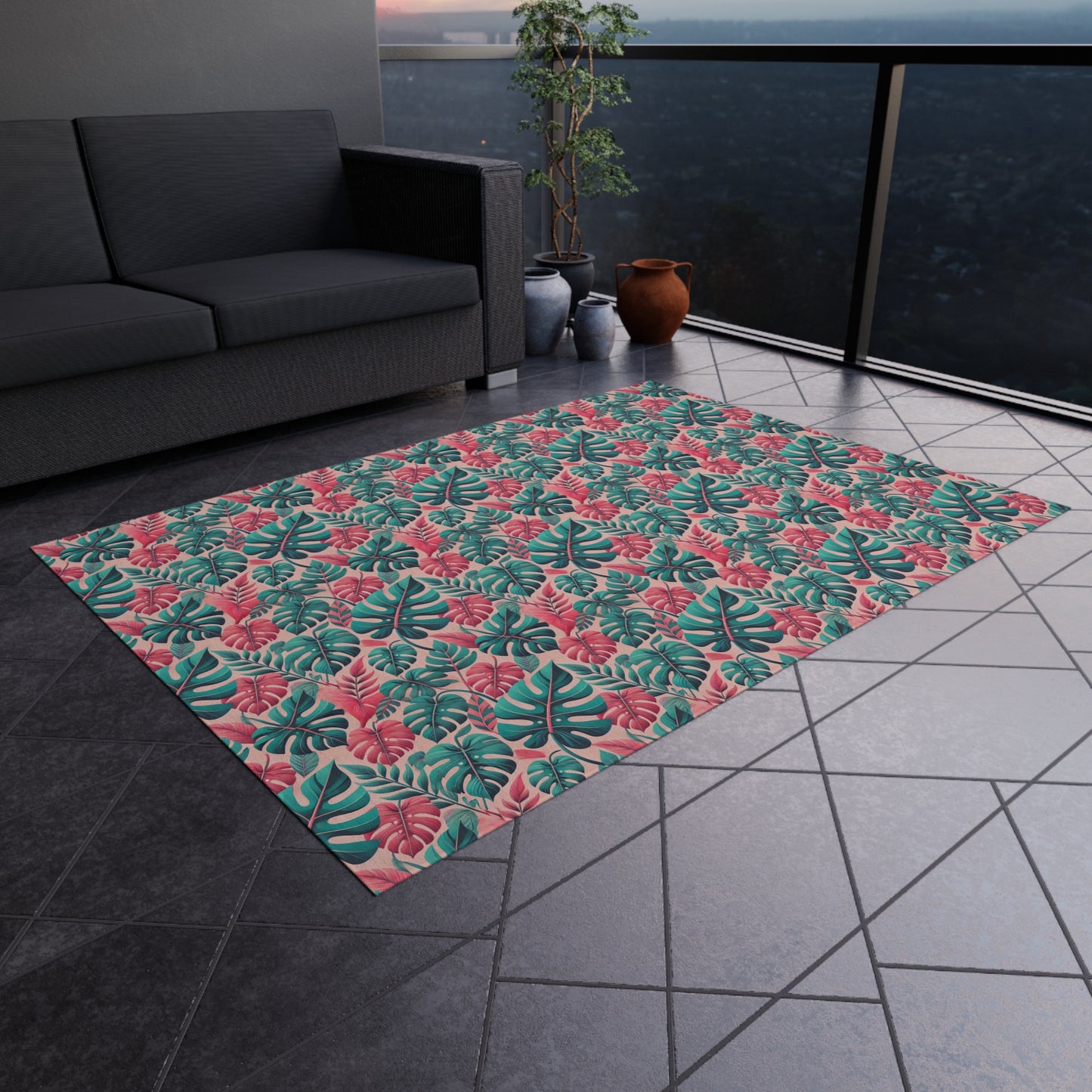Don't Worry Be Happy Tropical Leaf Print Indoor Outdoor Rug Pink Patio Deck Decor Bedroom Custom Mat Home Decor Exclusively by Kissa Doody