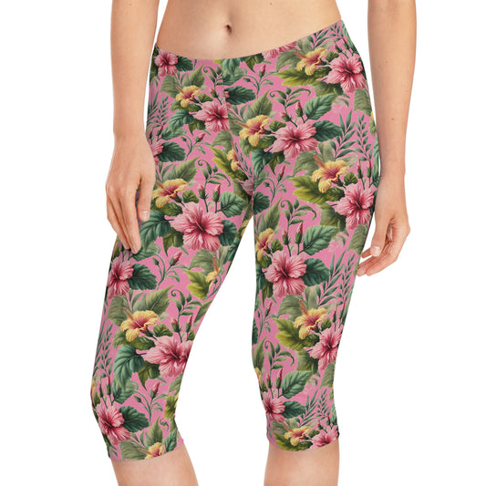 Summer Hibiscus Vibes Pink Tropical Floral Summer Women Capri Pants for Garden Parties by Kissa Doody