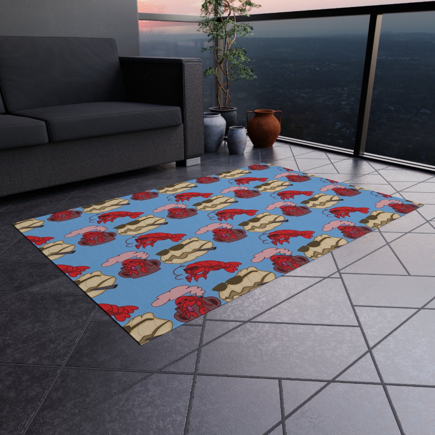 Rock Pot Lobster Funny Beach Porch Clam Ocean Print Indoor Outdoor Rug Pink Patio Deck Decor Bedroom Custom Mat Home Decor  by Kissa Doody