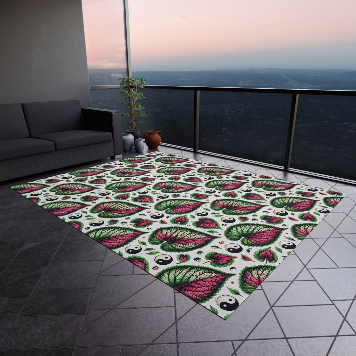 Ying Yang Vibes Leaf Print Porch Tropical Print Indoor Outdoor Rug Green Pink Patio Deck Bedroom Home Decor  by Kissa Doody