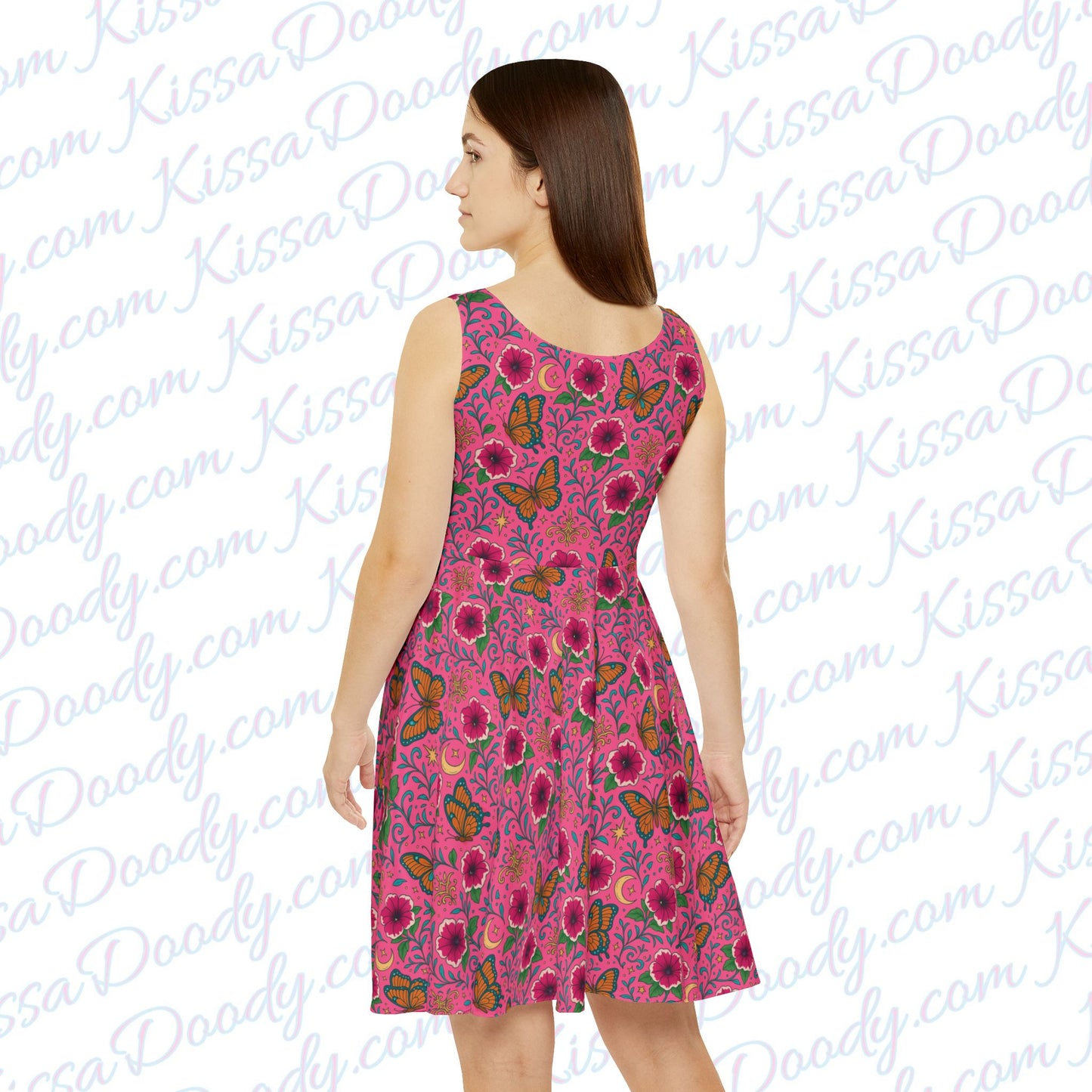 Butterflies Lunch Pink Floral Garden Tropical Butterfly Print Dress Women's Vacation Cruise Relaxing Clothing  Exclusive by Kissa Doody