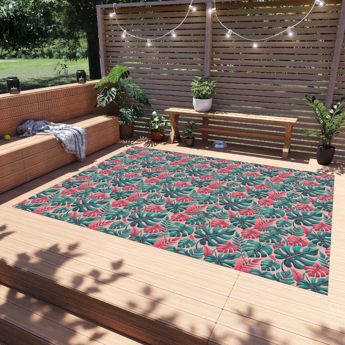 Don't Worry Be Happy Tropical Leaf Print Indoor Outdoor Rug Pink Patio Deck Decor Bedroom Custom Mat Home Decor Exclusively by Kissa Doody
