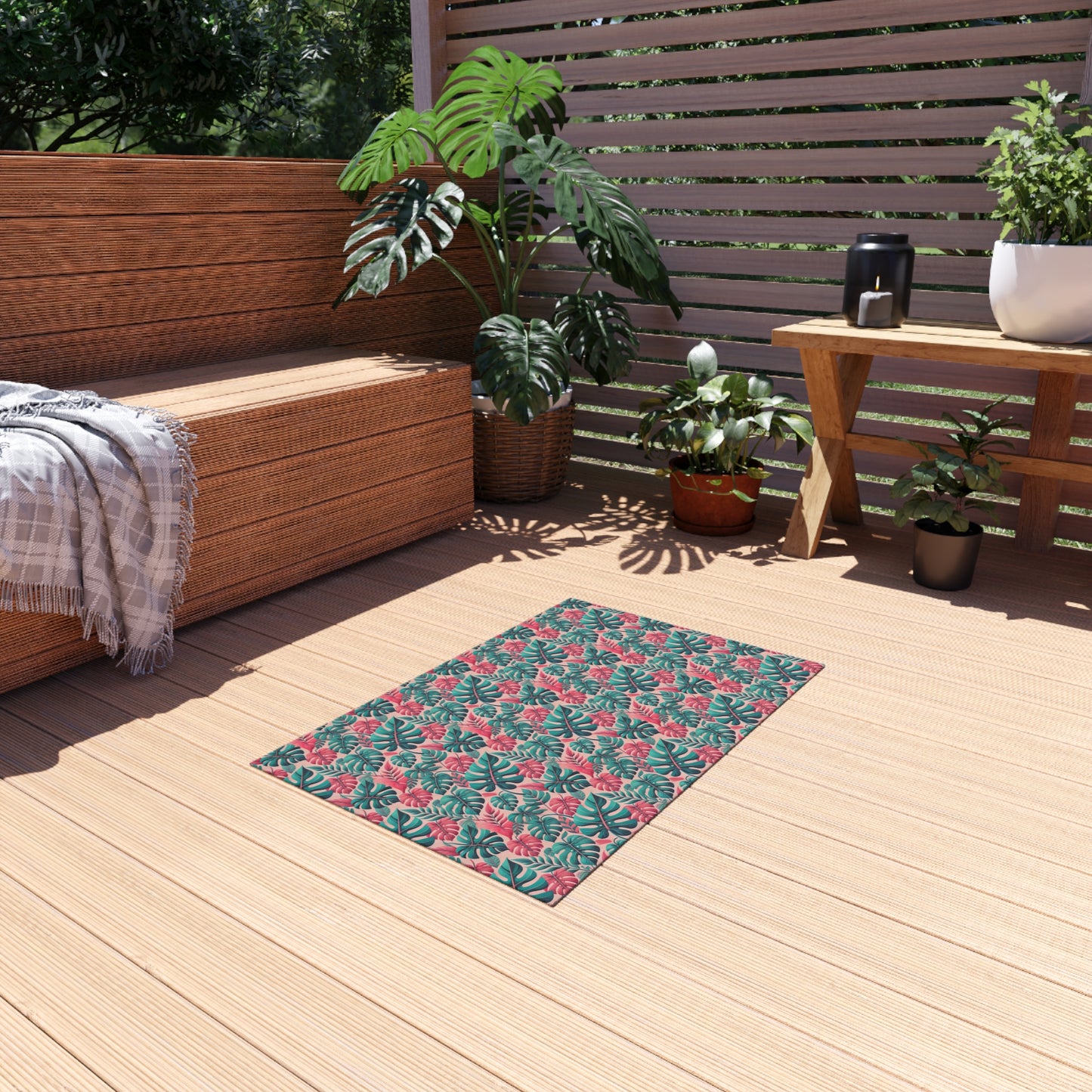 Don't Worry Be Happy Tropical Leaf Print Indoor Outdoor Rug Pink Patio Deck Decor Bedroom Custom Mat Home Decor Exclusively by Kissa Doody