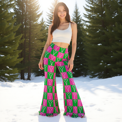 Matching Couples Pet Christmas Ugly Sweater Leggings Pink Green Candy Can Heart Wide Leg Pants