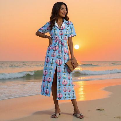 Women's Lighthouse Beach Shirt Dress with Waist Tie Lightweight Polyester Spandex Blend, Relaxed Fit