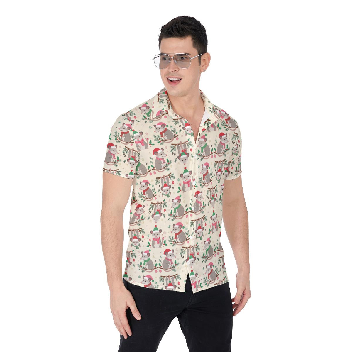 Men’s Christmas Possum Button Up Shirt Funny Holiday Possum Lightweight Shirt