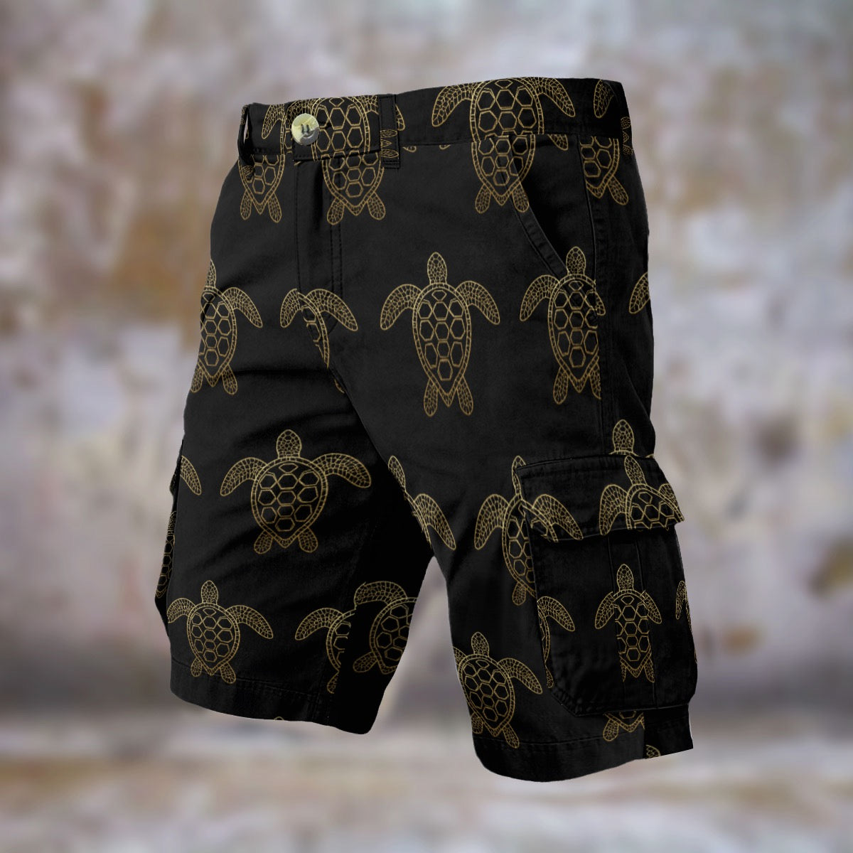 Black & Gold Sea Turtle Men’s Cargo Shorts Cruise Wear Beach Fits Tropical Chic Turtles