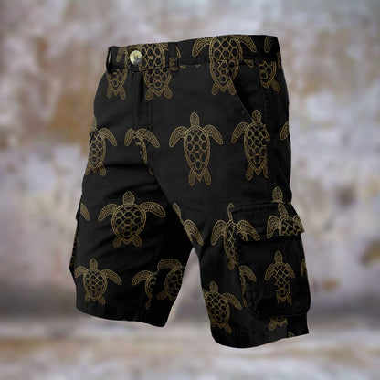 Black & Gold Sea Turtle Men’s Cargo Shorts Cruise Wear Beach Fits Tropical Chic Turtles
