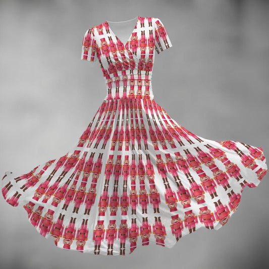 Hot-Pink Nutcracker Print Women's Short Sleeve V-Neck Midi Dress in White Christmas Holiday Fashion