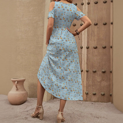 Baby Blue Noah’s Ark Dress for Women – Cute Animal Print Off-Shoulder V-Neck Dress