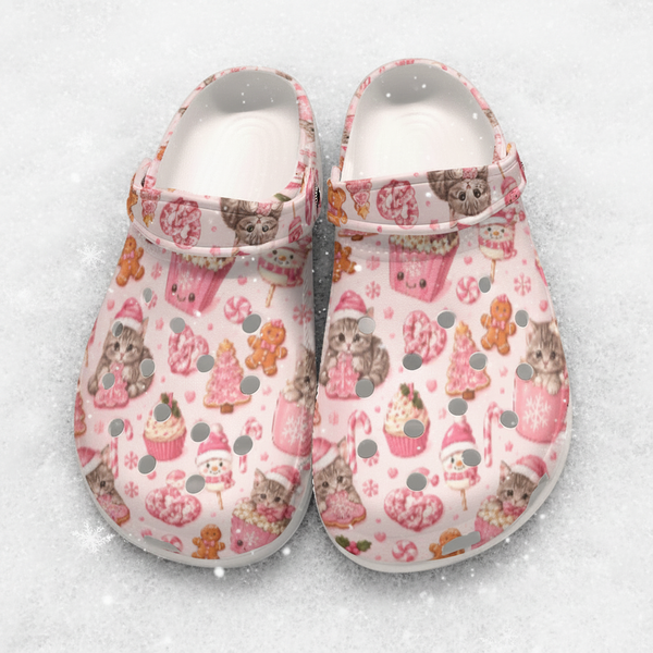 Pink Kitten Christmas Snacks Women's Classic Holiday Themed Clogs