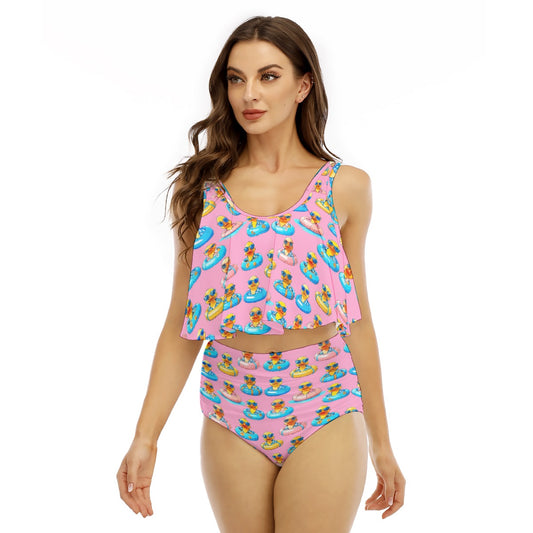 Women's Ruffled Two-Piece Rubber Duck Bikini Swimsuit in Pink with Suspender Top