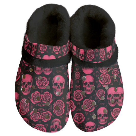 Pink Skull & Roses Women's Classic Clogs with Fleece Garden Design, Anti-Slip EVA