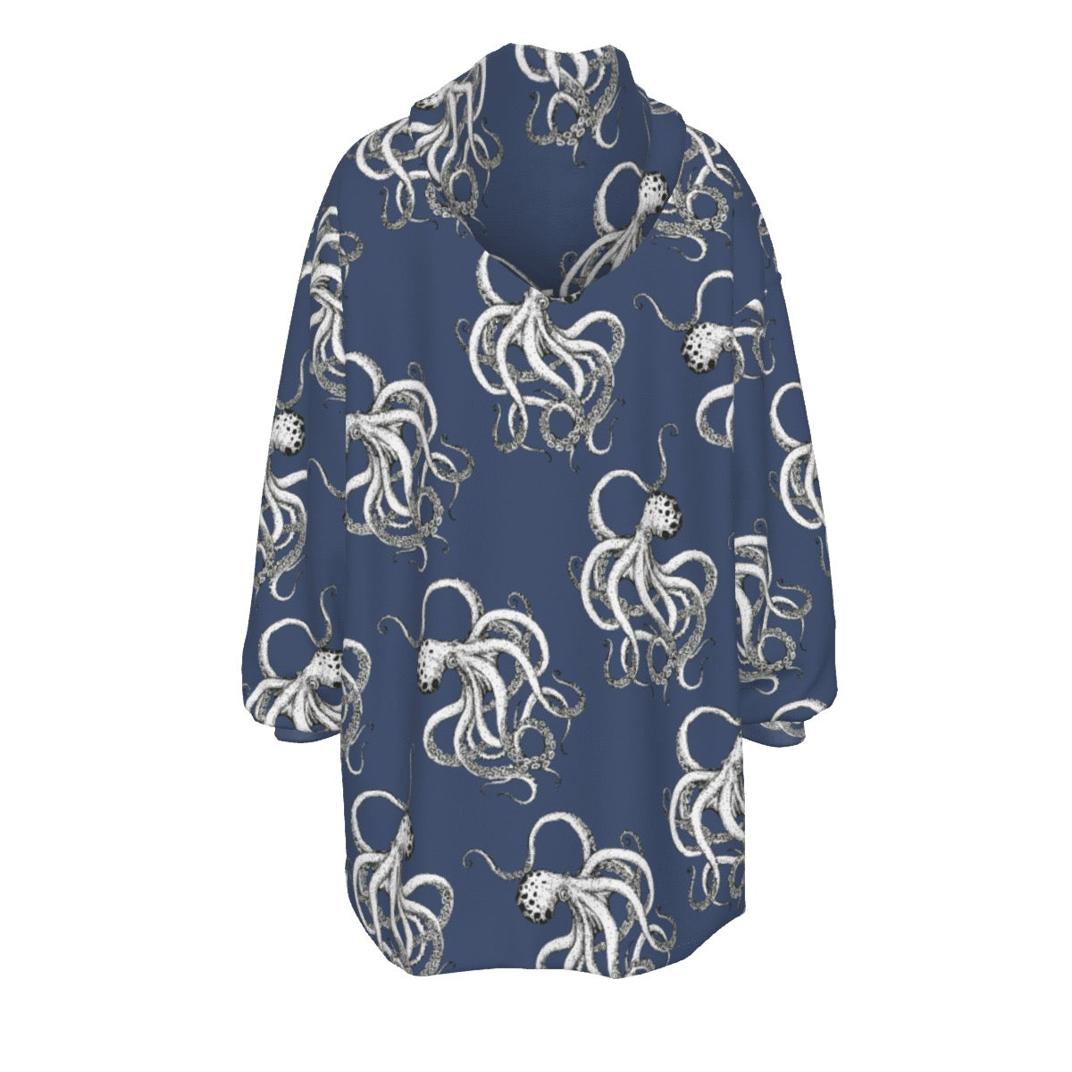 Navy Blue Vintage Octopus Print Cozy Fleece Oversized Sweatshirt Women's Sherpa Fleece Hoodie Blanket