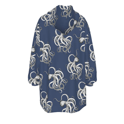 Navy Blue Vintage Octopus Print Cozy Fleece Oversized Sweatshirt Women's Sherpa Fleece Hoodie Blanket