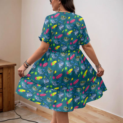 Surfing Shark Dress for Women – Ocean-Themed V-Neck A-Line Summer Dress