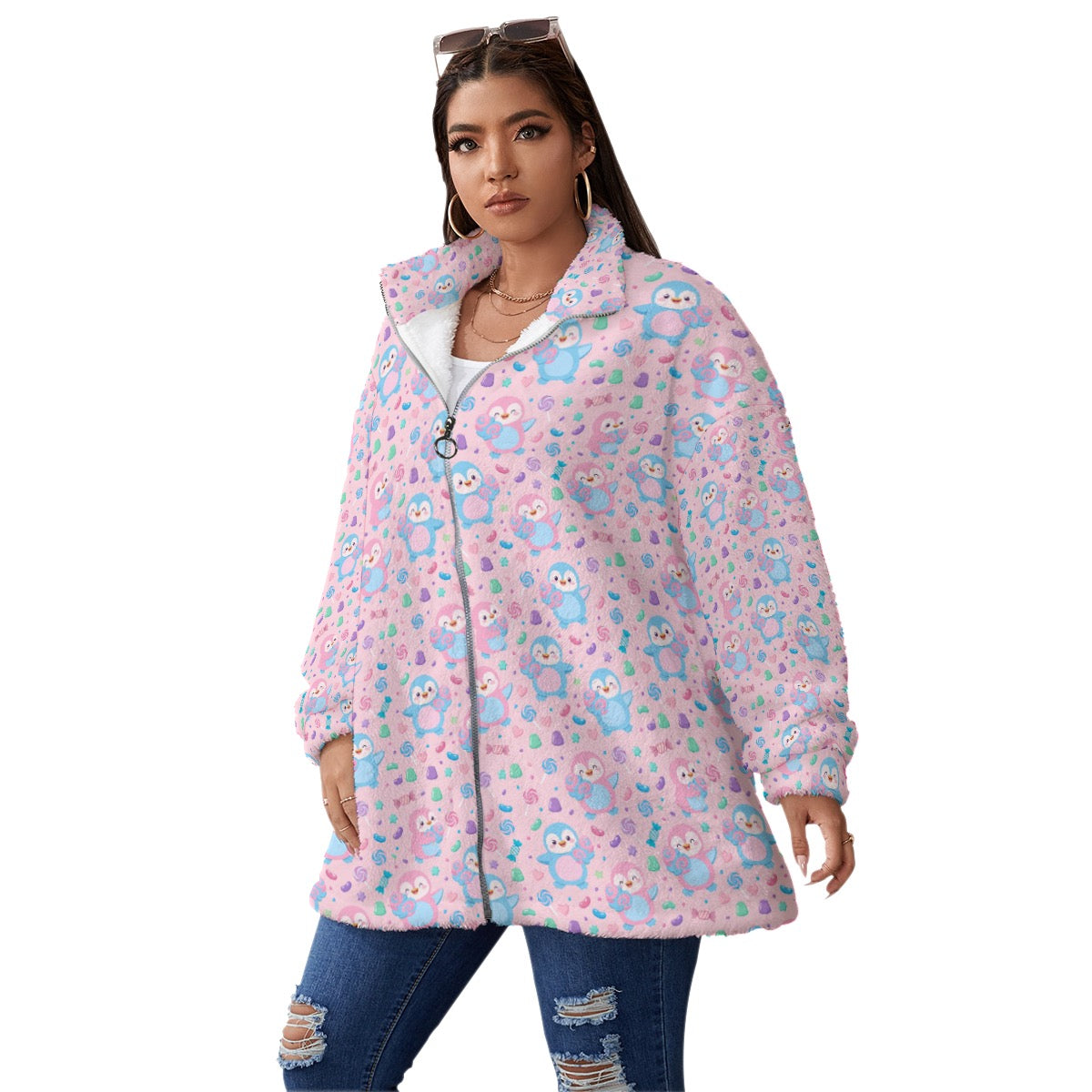 Unisex Pink Cotton Candy Borg Fleece Coat – Soft Cozy Zip Up Jacket, Plus Size