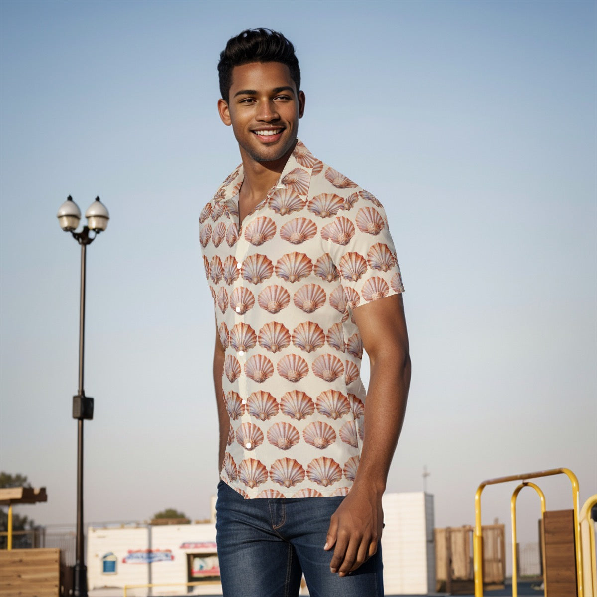 Men’s Sand Seashell Button-Up Shirt – Lightweight Beach & Cruise Vacation Top