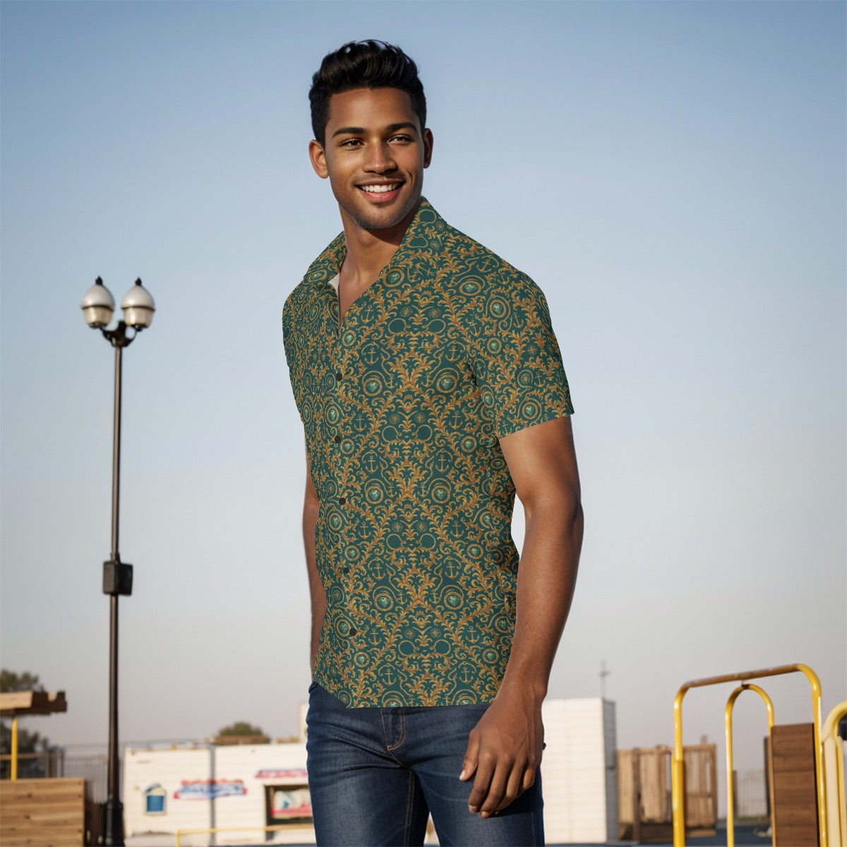 Classic Nautical Rope Shirt for Men Green & Gold Royal Print Button-Up