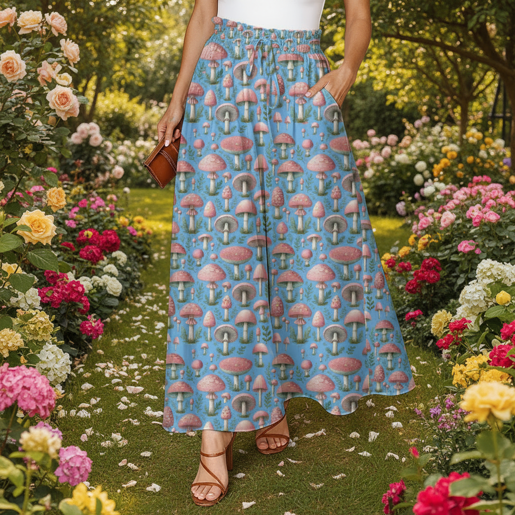 Pink Mushroom Flare Pants for Women Hippie Boho Festival Outfit