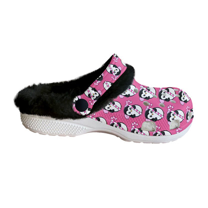 Hot Pink Holiday Penguin Candy Cane Fleece-Lined Clogs for Women Adorable Christmas