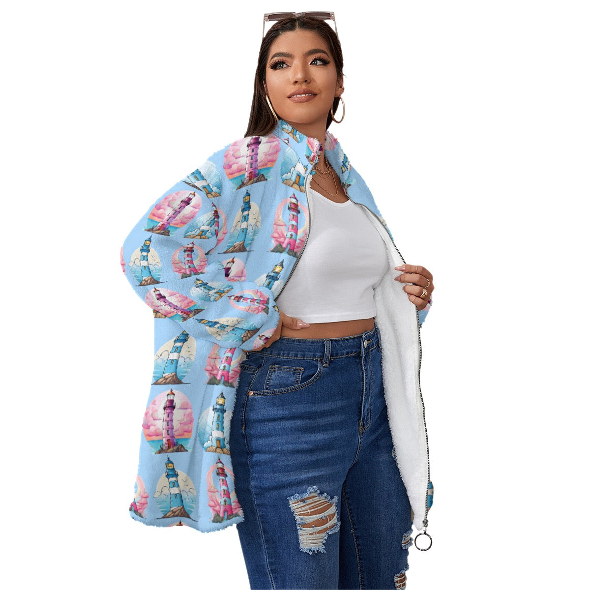 Oversize Lighthouse Super Soft Fleece Zip-Up Jacket for Women Pink & Baby Blue Coastal Borg Fleece