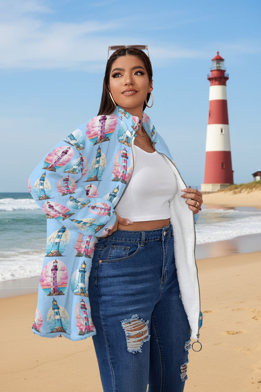 Oversize Lighthouse Super Soft Fleece Zip-Up Jacket for Women Pink & Baby Blue Coastal Borg Fleece