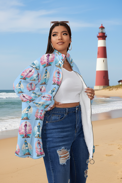 Oversize Lighthouse Super Soft Fleece Zip-Up Jacket for Women Pink & Baby Blue Coastal Borg Fleece