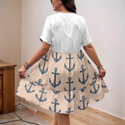 Ships Ahoy Anchor All-Over Print Women’s Floral V-Neck Short Sleeve Dress for Cruise Beach Trips